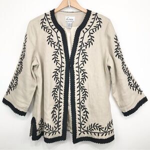 Linea Louis Dell’Olio Tan Linen Black Leaf Embroidered Pleat Trim Blazer Jacket